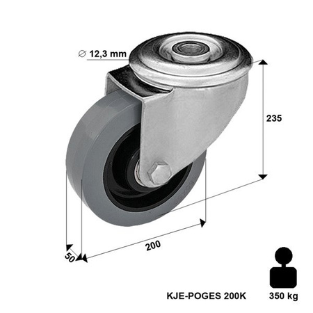 Zestaw kołowy skrętny KJE-POGES 200K1 z kołem gumowym piasta poliamid. Nośność 350 kg / 200mm/ kulkowe