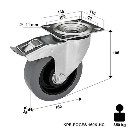 Lenkrolle mit Plattenbefestigung und Bremssystem KPE-POGES 160K-HC mit Elastik-Vollgummireifen. Tragfähigkeit 300kg / 160mm/ Doppelkugellager