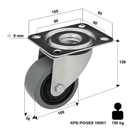 Lenkrolle mit Plattenbefestigung KPE-POGES 100K1 mit Elastik-Vollgummireifen. Tragfähigkeit 150kg / 100mm/ Zentralkugellager