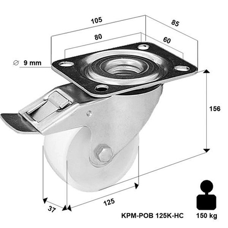 Koło poliamidowe obrotowe z hamulcem KPM-POOB 125K1-HC z kołem poliamidowym. Nośność 300 kg / 125mm/ kulkowe